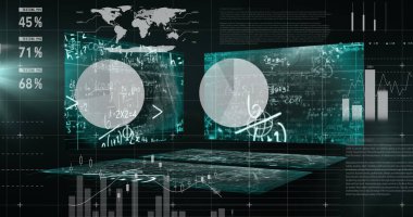 Ekranlar üzerinde dünya haritasıyla veri ve istatistik işleme resmi. küresel iş, finans ve veri işleme kavramı dijital olarak oluşturulmuş görüntü.