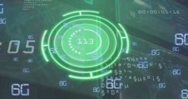 Dijital ekranlar üzerinde veri işleme ve 6G metin resmi. Küresel iş, teknoloji ve dijital arayüz kavramı, dijital olarak oluşturulmuş görüntü.