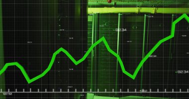 Sunucu odasındaki aydınlatılmış veri sunucusunun raflarında değişen numaralarla grafiğin resmi. Dijital bileşik, çoklu pozlama, rapor, iş, büyüme, veri merkezi, ağ oluşturma, teknoloji.