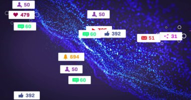 Noktaların üzerindeki bildirim çubuklarının resmi soyut arkaplana karşı dinamik desen oluşturuyor. Dijital olarak üretilmiş, hologram, veri, bağlantı, aydınlatılmış, sosyal medya ve teknoloji kavramı.