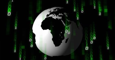 Dünya üzerinde ikili kodlama veri işleme görüntüsü. Küresel hesaplama, dijital arayüz ve veri işleme kavramı dijital olarak oluşturuldu.