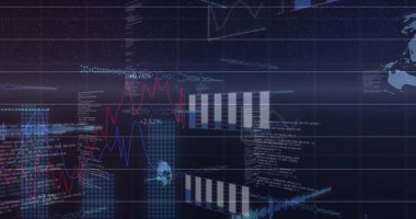 Karanlık arkaplan üzerinden istatistiklerle bağlantılı ağ resmi. Küresel iş, bağlantılar, hesaplama ve veri işleme kavramı dijital olarak oluşturulmuş resim.