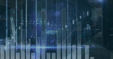 Şehir manzarası üzerinde finansal veri işleme resmi. Küresel finans, iş, bağlantılar, hesaplama ve veri işleme kavramı dijital olarak oluşturuldu.