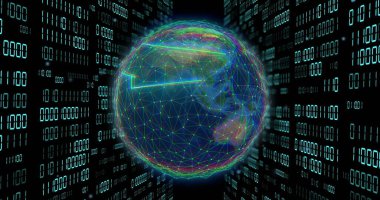 Karanlık arkaplan üzerinde ikili kodlama ve veri işleme olan dünya görüntüsü. Küresel yapay zeka, bağlantılar, hesaplama ve veri işleme kavramı dijital olarak oluşturuldu.