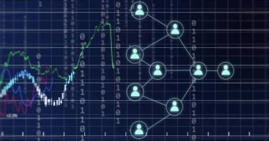 Grafik resmi, siyah arkaplandaki insan simgelerinin ağlarıyla ikili veri işleme. Bağlantı, veri, işleme, dijital arayüz ve iletişim, dijital olarak oluşturulmuş resim.