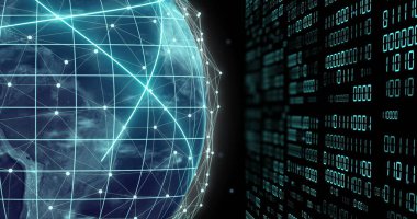 Karanlık arkaplan üzerinde ikili kodlama ve veri işleme olan dünya görüntüsü. Küresel yapay zeka, bağlantılar, hesaplama ve veri işleme kavramı dijital olarak oluşturuldu.