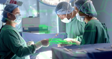 Hastanedeki çeşitli cerrahların bilimsel veri işleme görüntüleri. Küresel tıp, bilim, veri işleme ve dijital arayüz kavramı dijital olarak oluşturulmuş görüntü.