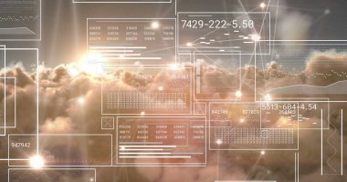Image of digital data processing and networks over clouds. Global digital interface, networks and data processing concept digitally generated image.