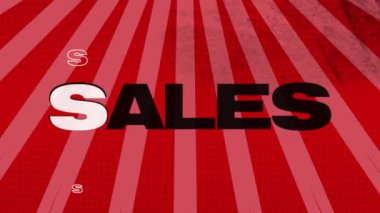 Kırmızı şekiller üzerinde hareket eden satış metinlerinin canlandırılması. Teknoloji, iş ve dijital arayüz kavramı dijital olarak oluşturulmuş video.