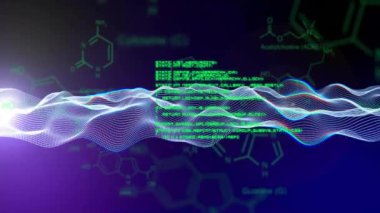 Kimyasal formül ve şekiller üzerinden veri işleme animasyonu. İş, teknoloji ve dijital arayüz kavramı dijital olarak oluşturuldu.