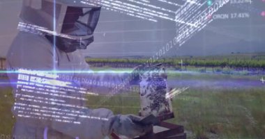 Arıcı, borsa verileri ve ikili kod animasyonuyla kovanları denetliyor. Arıcılık, teknoloji, finans, veri analizi, dijital, arıcılık