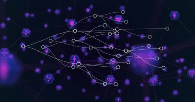 Mor düğümlerle ağ bağlantıları ve veri akışı animasyonu. Ağ, bağlantı, teknoloji, dijital, iletişim, siber