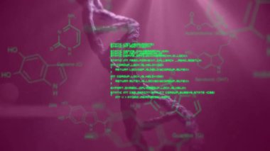 DNA ipliği ve kimyasal formül üzerinde veri işleme animasyonu. Bilim, teknoloji ve dijital arayüz kavramı dijital olarak oluşturulmuş video.