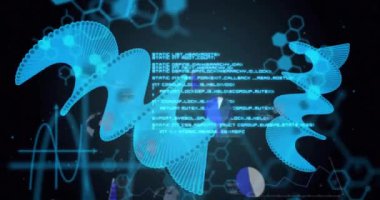 DNA iplikçiklerinin animasyonu ve siyah arka planda bilimsel veri işleme. Küresel bilim, yapay zeka, bağlantılar, hesaplama ve veri işleme kavramı dijital olarak oluşturulmuş video.