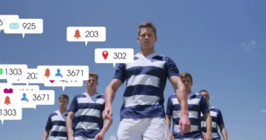 Çeşitli ragbi oyuncuları üzerinde simge ve veri işleme animasyonları. Küresel spor, rekabet, bağlantılar, hesaplama ve veri işleme kavramı dijital olarak oluşturulmuş video.