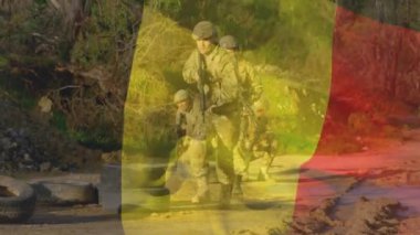 Çeşitli silahlı askerler üzerinde Belçika bayrağının canlandırılması. Silahlı kuvvetler, savaş, çatışma, vatanseverlik ve savunma konsepti dijital olarak oluşturulmuş video.