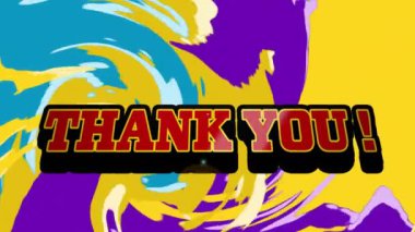 Canlı desenli arka planda teşekkür mesajının animasyonu. Küresel video oyunu, dijital arayüz, iletişim, bilgisayar ve veri işleme kavramı dijital olarak oluşturuldu.