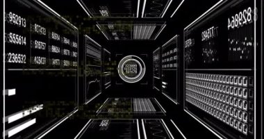 Veri işleme ve siyah arkaplan diyagramlarının animasyonu. İş, teknoloji ve dijital arayüz kavramı dijital olarak oluşturuldu.