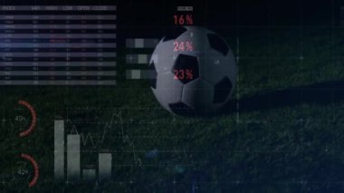 Futbol topu ve küresel istatistik animasyonu saha arka planında. futbol, analitik, skor tabelası, veri, izleme, teknoloji