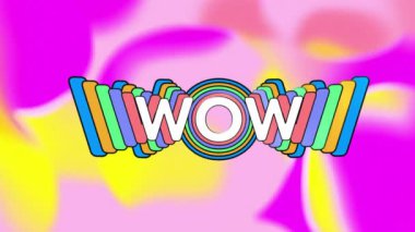 Renkli arkaplan üzerinde wow metin animasyonu. Sosyal medya, renkler ve dijital arayüz konsepti dijital olarak oluşturulmuş video.