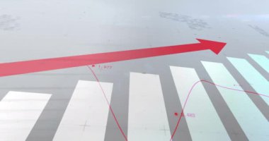 Yükselen kırmızı ok ve veriler çizgi arkaplan üzerinde animasyonu gösteriyor. Büyüme, başarı, iş, ekonomi, finans, artış