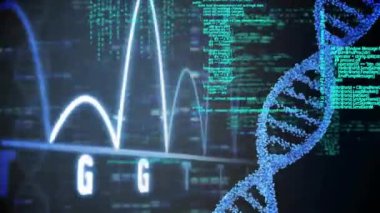 DNA ipliği üzerinde veri işleme animasyonu. Teknoloji, bilim ve dijital arayüz kavramı dijital olarak oluşturulmuş video.