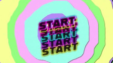 Başlangıç metninin çok renkli çember arkaplanı üzerinden canlandırması. Küresel video oyunu, dijital arayüz, iletişim, bilgisayar ve veri işleme kavramı dijital olarak oluşturuldu.