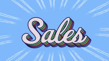 Mavi desenli arka planda gökkuşağı satış metninin animasyonu. Satış, perakende, tasarruf, iletişim, hesaplama ve veri işleme kavramı dijital olarak oluşturulmuş video.