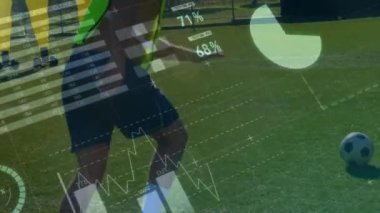 Güneşli bir günde golf oynayan insanların finansal verileri ve analitik animasyonları. finans, eğlence, eğlence, teknoloji, istatistik, açık hava