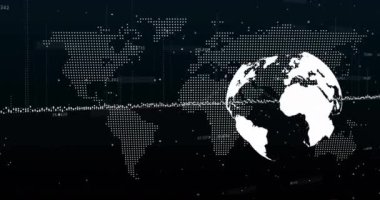 Dünya haritası ve dünya çapında finansal veri işleme animasyonu. Küresel finans, iş, bağlantılar, hesaplama ve veri işleme kavramı dijital olarak oluşturulmuş video.