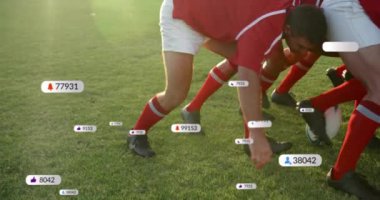 Çeşitli ragbi oyuncuları üzerinde simge ve veri işleme animasyonları. Küresel spor, rekabet, bağlantılar, hesaplama ve veri işleme kavramı dijital olarak oluşturulmuş video.