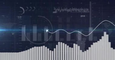 Karanlık arka planda istatistik ve dijital veri işleme animasyonu. Dijital olarak oluşturulmuş küresel bağlantılar, hesaplama ve veri işleme kavramı.