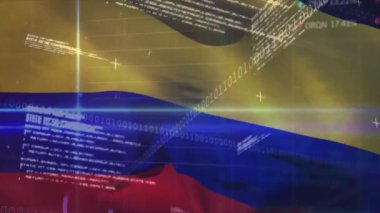 Kolombiya bayrağı üzerinde finansal veri işleme animasyonu. Küresel iş, finans, bilgisayar ve dijital arayüz kavramı dijital olarak oluşturulmuş video.