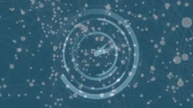 Dönen dairesel desenler ve noktaları birleştiren animasyonlar mavi arkaplan üzerinde. Teknoloji, dijital, fütürist, soyut, ağ, veri