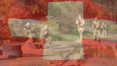 Çeşitli silahlı askerler üzerinde İsviçre bayrağının canlandırılması. Silahlı kuvvetler, savaş, çatışma, vatanseverlik ve savunma konsepti dijital olarak oluşturulmuş video.