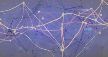 Mor arkaplan üzerinde veri işleme ve bağlantı ağının animasyonu. Dijital olarak oluşturulmuş küresel bağlantılar, hesaplama ve veri işleme kavramı.