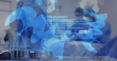 Operasyon sırasında çeşitli cerrahların veri işleme ve spirallerinin animasyonu. Teknoloji, tıp ve dijital arayüz kavramı dijital olarak oluşturulmuş video.