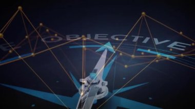 Bağlantı ağı üzerinden pusula ve nesnel metin canlandırması. Seyahat, teknoloji ve dijital arayüz konsepti dijital olarak oluşturulmuş video.