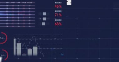 Siyah arka planda istatistik ve veri işleme animasyonu. Küresel finans, iş, bağlantılar, hesaplama ve veri işleme kavramı dijital olarak oluşturulmuş video.