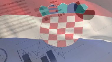 Hırvat bayrağı üzerinde finansal veri işleme animasyonu. Küresel iş, finans, bilgisayar ve dijital arayüz kavramı dijital olarak oluşturulmuş video.