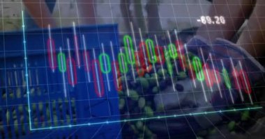 Zeytin hasat eden işçilerle ilgili finansal veri grafiği animasyonu. Finans, analitik, ekonomi, tarım, teknoloji, iş