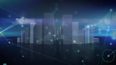 Dijital ağ bağlantıları ve veriler şehir manzarası üzerinde animasyon olduğunu gösteriyor. Teknoloji, iletişim, fütüristik, kentsel, yenilik, bağlantı