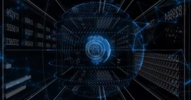 Karanlık arka planda istatistik ve dijital veri işleme animasyonu. Dijital olarak oluşturulmuş küresel bağlantılar, hesaplama ve veri işleme kavramı.