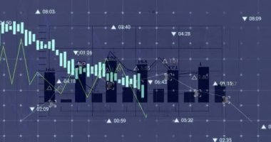 Finansal veri işleme animasyonu ve karanlık arka plan istatistikleri. Küresel finans, iş, bağlantılar, hesaplama ve veri işleme kavramı dijital olarak oluşturulmuş video.