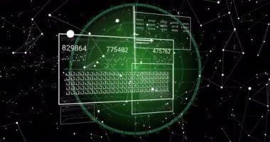 Kapsam taramasında dijital veri işleme animasyonu. Dijital olarak oluşturulmuş küresel bağlantılar, hesaplama ve veri işleme kavramı.