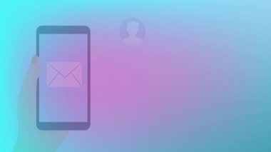 E- posta simgesi ile akıllı telefon, gradyan arkaplan üzerinde iletişim ağı animasyonu tutuluyor. Teknoloji, bağlantı, dijital, mesajlaşma, bilgi, siber uzay