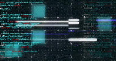 Siyah arkaplanda veri işleme ve yanıp sönen ışıkların görüntüsü. Bağlantı, veri, işleme, dijital arayüz ve iletişim, dijital olarak oluşturulmuş resim.