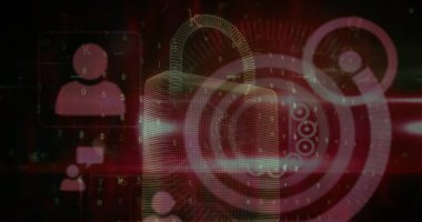 Veri işleme resmi ve siyah arkaplanda asma kilit. küresel iş ve dijital arayüz kavramı dijital olarak oluşturulmuş görüntü.