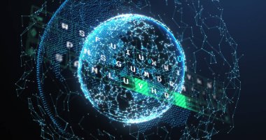 Dünya üzerinde veri işleme görüntüsü ve mavi arkaplandaki bağlantı ağı. Küresel ağ ve iş arayüzü teknolojisi kavramı