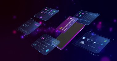 Siyah arkaplandaki ışık noktalarından kredi kartı ve akıllı telefonla veri işleme görüntüsü. Finansal, iletişim, hesaplama ve dijital arayüz kavramı dijital olarak oluşturuldu.